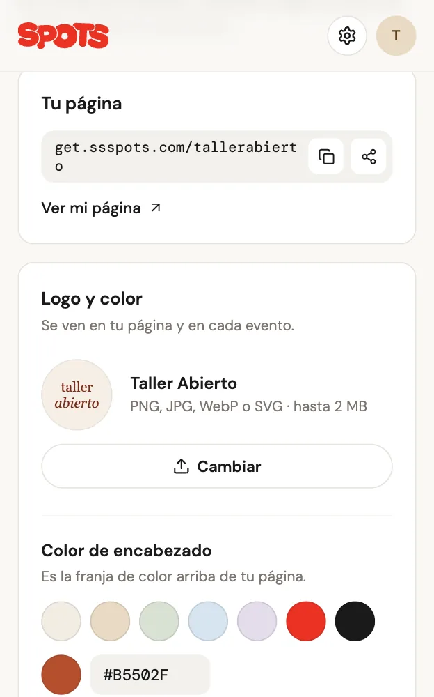 Mi página en el panel de Spots: link get.ssspots.com/tallerabierto, logo de Taller Abierto y color de encabezado
